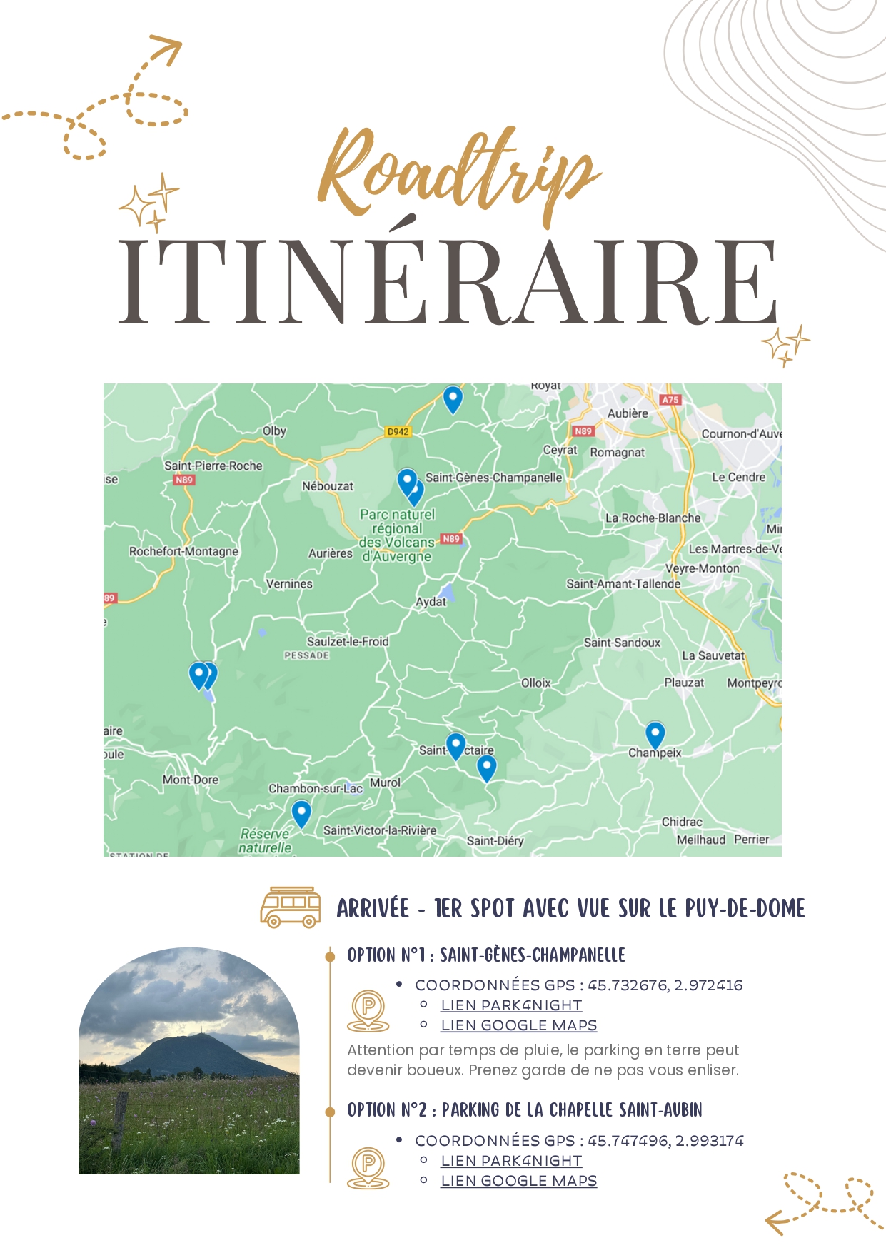 Itinéraire roadtrip week-end Puy-de-Dôme avec spots van et coordonnées GPS